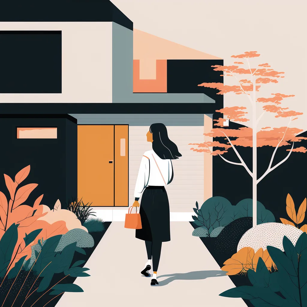 tech illustration, woman leaving her home, simple minimal, by slack and dropbox, style of behance 